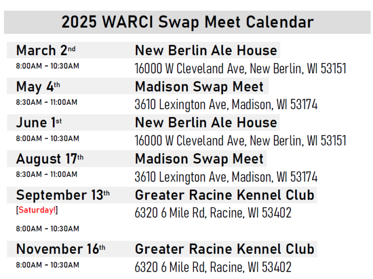 2025 WARCI Swap Meet Calendar